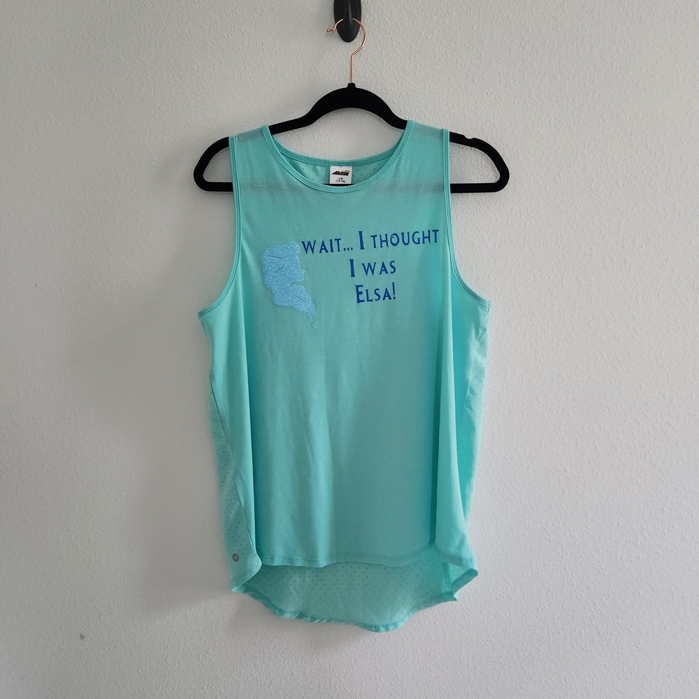 Womens Elsa Frozen Graphic Active Tank Top Blue Perforated Back size L 12-14 - Picture 1 of 8